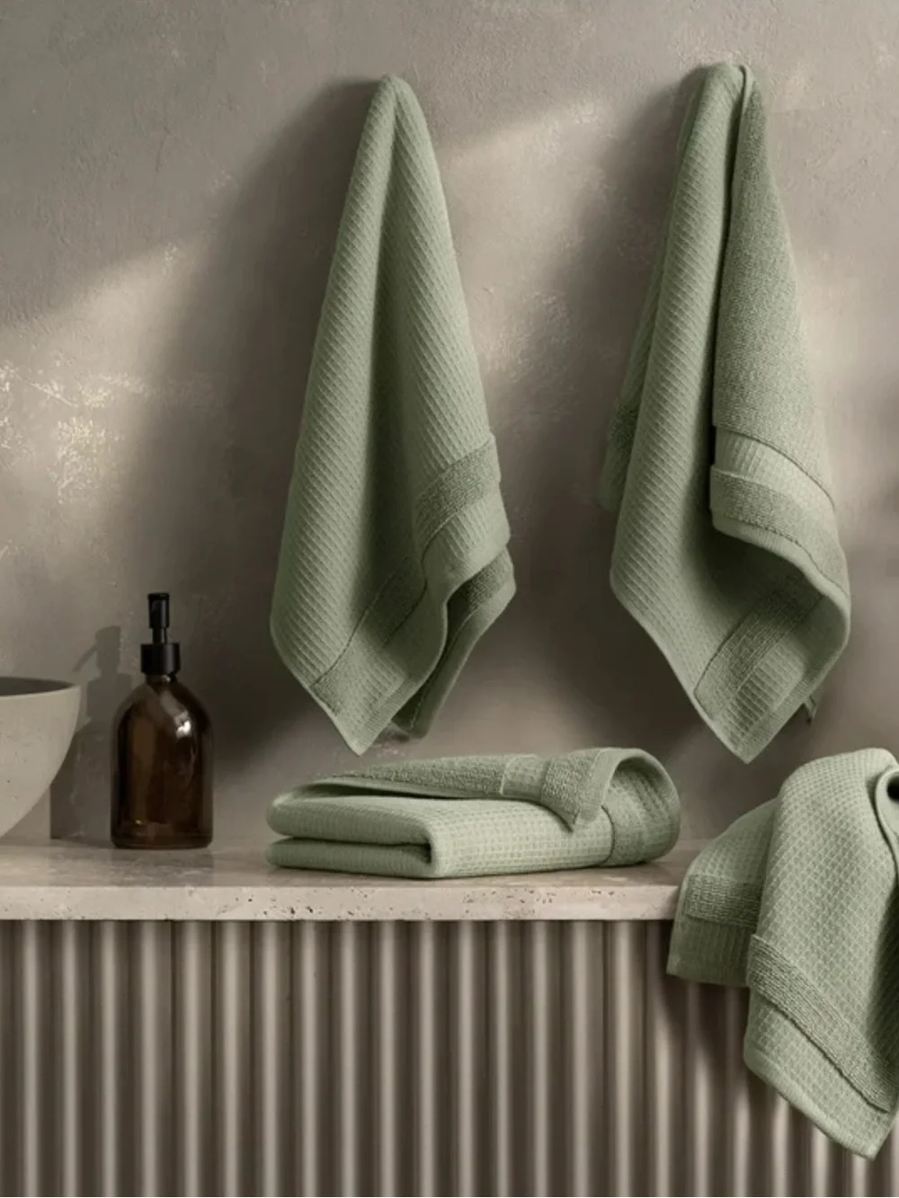 Welhome Waffle-Texture Hand Towel - Sage Green 4-Pack